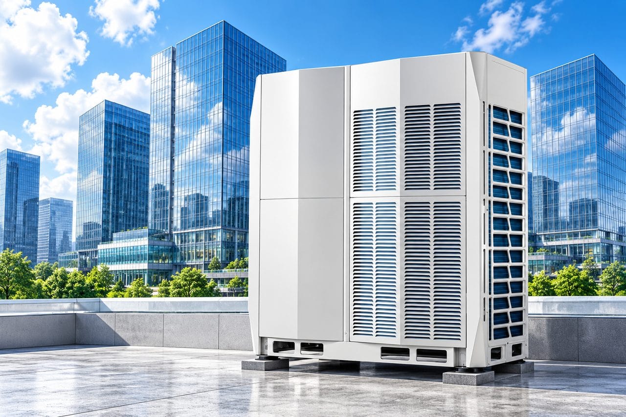 Modular VRF outdoor unit in front of glass office buildings